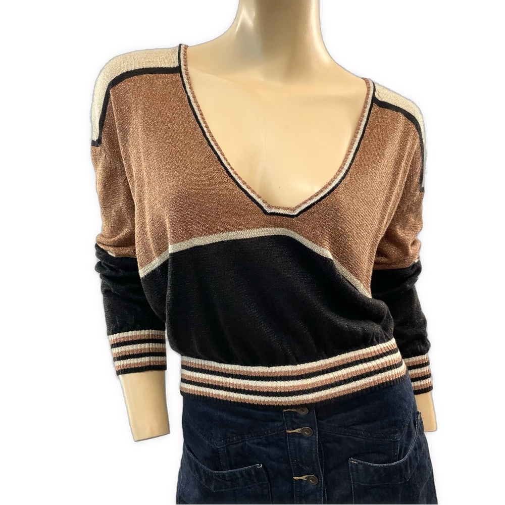 Free People - Gold Dust V-Neck Sweater in Black, Brown, & Cream- S